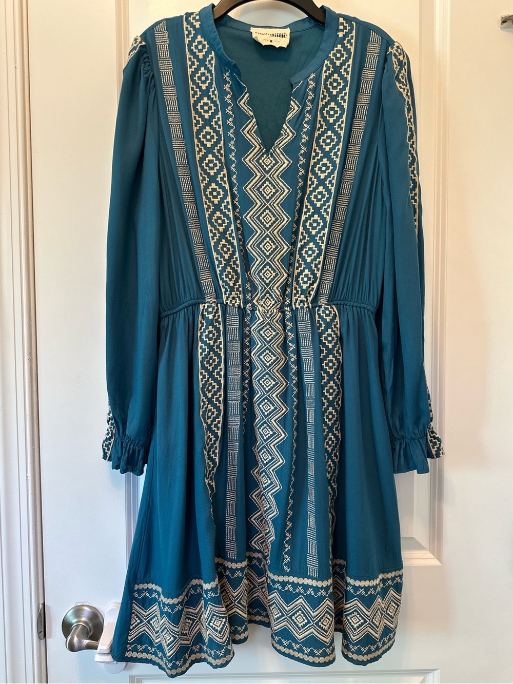 Savanna Jane Boho Teal Long Sleeve V-neck Lined Embroidered Mini Dress Size M